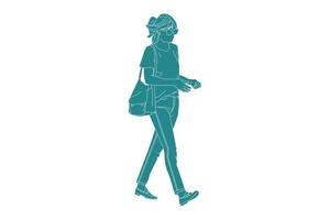 Ilustración vectorial de mujeres casuales caminando por la calle lateral, estilo plano con contorno vector