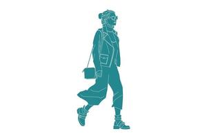 Ilustración vectorial de mujer casual caminando por la calle lateral, estilo plano con contorno vector