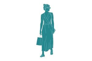Ilustración vectorial de mujer elegante llevando sus comestibles, estilo plano con contorno vector