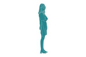 Ilustración vectorial de mujer casual con vestido corto, estilo plano con contorno vector