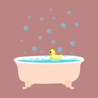 Bathtub with soap foam and bubbles isolated. Rubber duck swims in the tub. Vector illustration