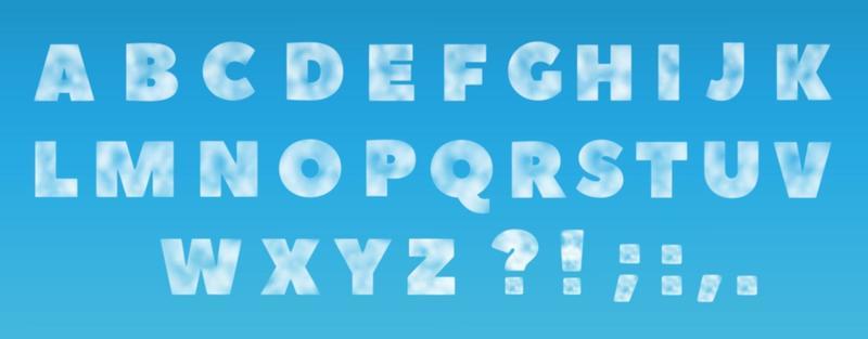 Alphabet from clouds on a blue background Realistic vector illustration