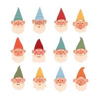 Vector modern set with cute illustrations of garden gnomes with different emotions. Use it as element for design card, poster, chat messenger cartoon emotes, Social Media post, children game design