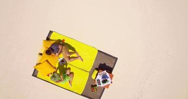 Vista aérea de drone de una pareja de hombre y mujer con una comida de picnic en una playa de una isla tropical. video
