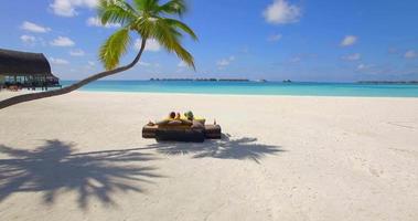Vista aérea de una pareja descansando en una playa en un hotel resort de una isla tropical.