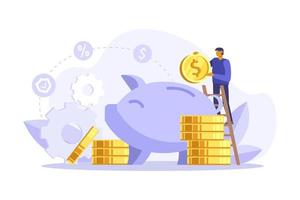 Businessman on ladder putting a coin into a piggy bank. Save money concept. Manage money and finance analytics. Vector flatillustration. Can use for landing page, web, mobile, app, banner, flyer