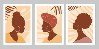 Set of abstract women portraits with leaves. Abstract female  silhouette in minimalistic boho style. Vector flat illustration. Design for social media, card, print,  background