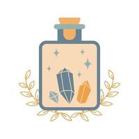 Bottle silhouette with magic elixir or poison with crystals isolated on white background. Boho potion bottle silhouette. Occult vector illustration. Alchemy design element. Esoteric mystic poster