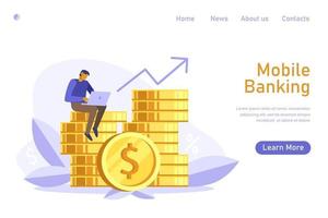 Hombre pequeño sentado en una pila de monedas de oro con una moneda en el frente y usando una computadora portátil para banca y contabilidad en línea, cambio de moneda, depósito en el banco. concepto de banca en línea. vector ilustración plana.