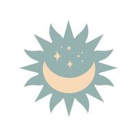 Modern magic boho sun with moon, stars in silhouette  isolated on white background. Vector flat illustration. Decorative boho celestial element for tattoo, greeting cards, invitations, wedding