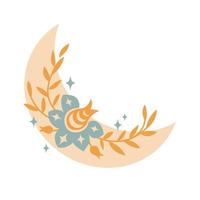 Magic boho crescent moon with leaves, stars, flower isolated on white background. Vector flat illustration. Decorative boho elements for tattoo, greeting cards, invitations, wedding