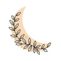 Magic boho crescent moon with leaves, stars isolated on white background. Vector illustration. Decorative boho elements for tattoo, greeting cards, invitations, wedding