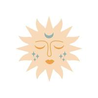 Modern magic boho sun with moon, stars, face in silhouette  isolated on white background. Vector flat illustration. Decorative boho celestial element for tattoo, greeting cards, invitations, wedding
