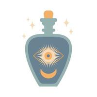 silueta de botella con elixir mágico o veneno con ojo, luna aislada sobre fondo blanco. silueta de botella de poción boho. ilustración vectorial oculta. elemento de diseño de alquimia. cartel místico esotérico vector