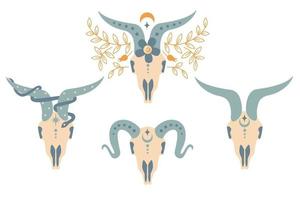 Set of Magic vintage  ram skull with flower, branch of leaves, moon, star, snake isolated on white . Vector flat illustration. Bohemian design for tribal design, invitation, web, textile, wallpaper