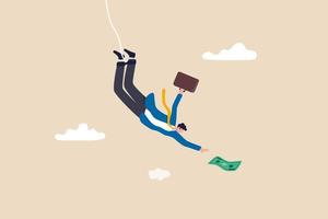 Investment risk, business challenge, adversity or take risk to earn more income, greed and fear in stock market downfall concept, skillful confident businessman bungee jumping to grab money banknote. vector