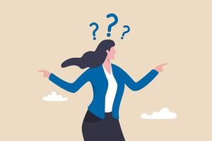 Business doubt choice, make decision on work direction, choose career path or option or alternative concept, doubtful businesswoman choosing choice and pointing her finger to left and right direction. vector