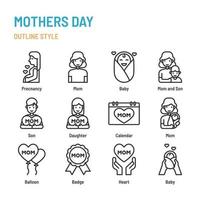 día de la madre en el conjunto de iconos y símbolos de contorno vector