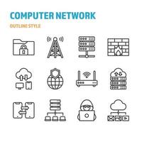 Computer Network in outline icon and symbol set vector