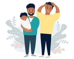 Ethnic male couple with a baby Two sad and frightened men are holding a crying newborn vector