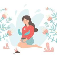 mujer cuida plantas en macetas personaje de dibujos animados plana vector