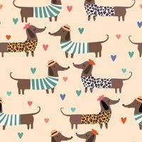 Seamless pattern with dachshunds in summer dress with hearts Vector illustration