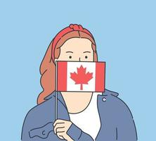 Canada independence day celebration concept Young excited happy woman holds a Canada flag celebrate Canada Day Flat vector illustration