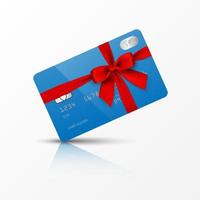 Tarjeta de crédito azul con lazo rojo y cinta, ilustración vectorial vector