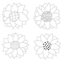 garabatos girasoles línea aislada conjunto ilustraciones vectoriales dibujadas a mano colección para colorear boceto de un tatuaje y pegatinas vector