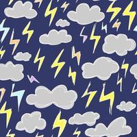 Cute blue pattern with weather lightning thunderstorm clouds Seamless background. Textiles for children Minimalism paper scrapbook for kids vector