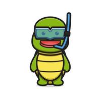 Lindo personaje de mascota de tortuga use gafas de buceo ilustración de icono de vector de dibujos animados