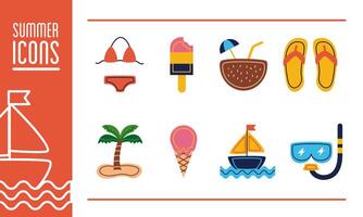 paquete de iconos de línea de bloque de conjunto de playa vector