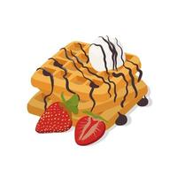 Belgium waffle with ice cream and strawberry isolated on the white background, vector illustration