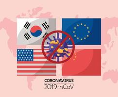 covid 19 particle with set flags icon vector