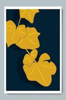 Botanical Dark Luxury Wall Art Vector Poster Set. Minimalist Shadow Blue, Gold Close up Leaves with Night Background.