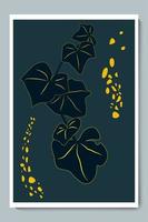 Botanical Dark Luxury Wall Art Vector Poster Set. Minimalist Shadow Blue, Gold Plant with Night Background and Stone