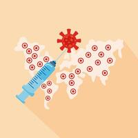 covid19 virus particles and vaccine syringe in earth planet maps vector