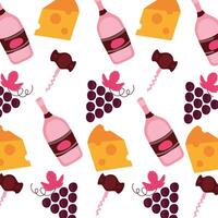 grapes with wine bottles and cheese pattern background vector