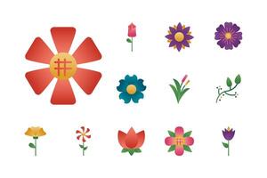 bundle of flowers degradient style icons vector