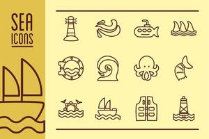 bundle of sea set line color style icons vector