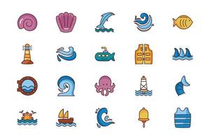 paquete de iconos de estilo de color de línea de conjunto de mar vector