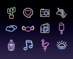 bundle of neon lights set icons vector