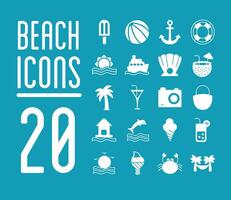 bundle of beach set line and fill icons with lettering vector