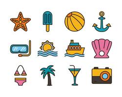 paquete de iconos de línea y relleno de playa vector