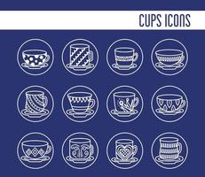 Paquete de platos y tazas de cerámica, iconos y letras. vector