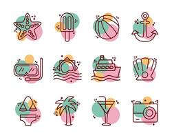 bundle of beach set line and color icons vector