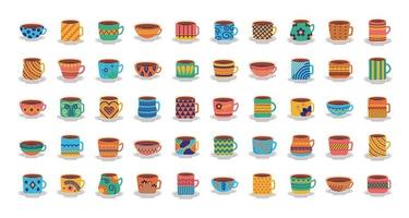 bundle of ceramic dishes and cups icons vector