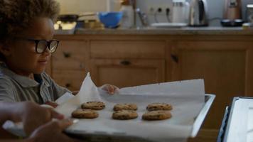 Mother and son putting homemade cookies in oven photo