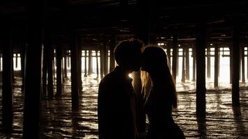 Portrait of young couple kissing under pier photo