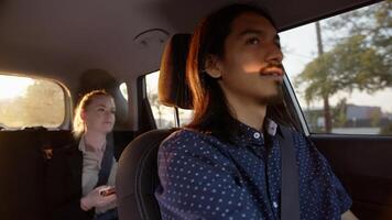 Portrait of woman traveling in taxi photo